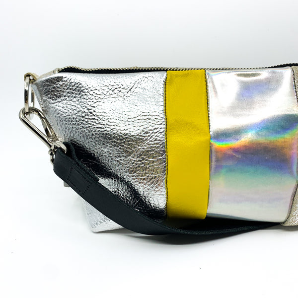 Holographic Silver Re Purposed Leather Shoulder Bag