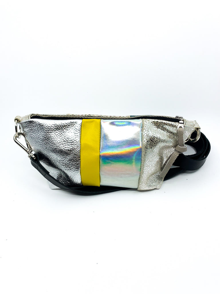 Holographic Silver Re Purposed Leather Shoulder Bag