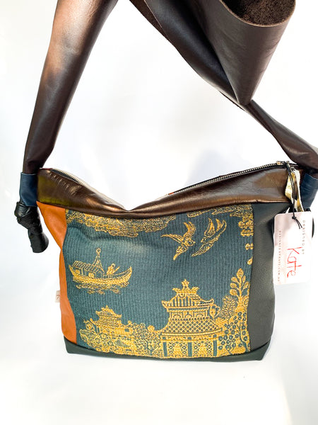 Oriental Birds Leather Large Slouch Bag