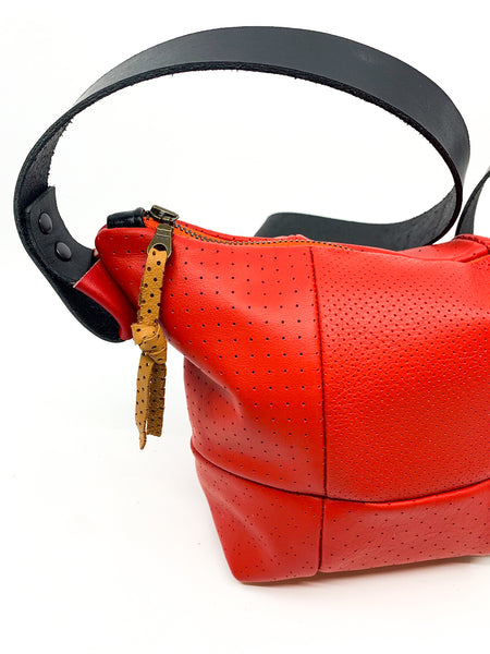 Perforated Red Repurposed Leather Bucket Bag