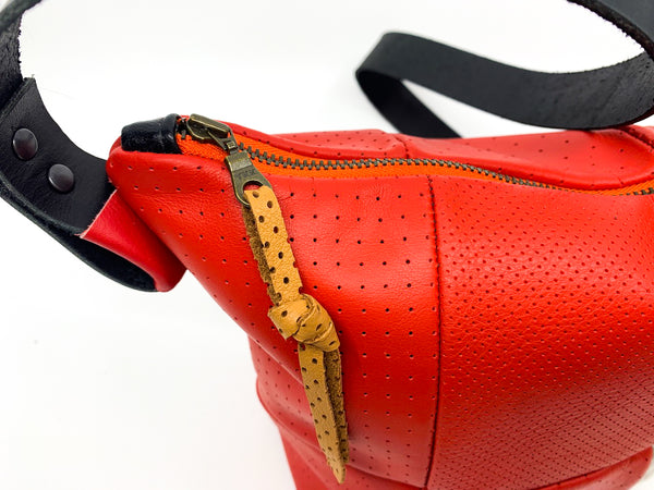 Perforated Red Repurposed Leather Bucket Bag