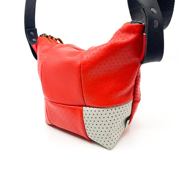 Perforated Red Repurposed Leather Bucket Bag