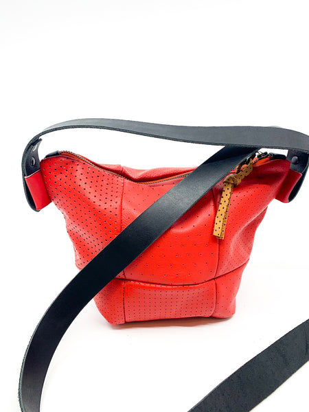 Perforated Red Repurposed Leather Bucket Bag