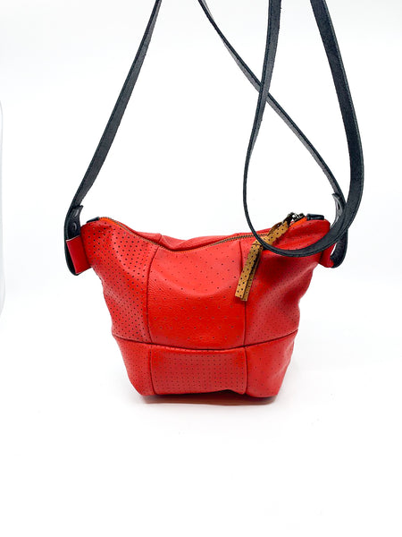 Perforated Red Repurposed Leather Bucket Bag