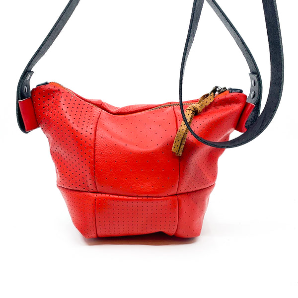 Perforated Red Repurposed Leather Bucket Bag