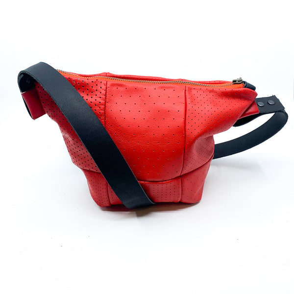 Perforated Red Repurposed Leather Bucket Bag