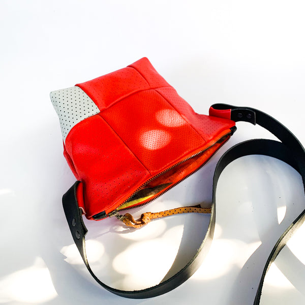 Perforated Red Repurposed Leather Bucket Bag