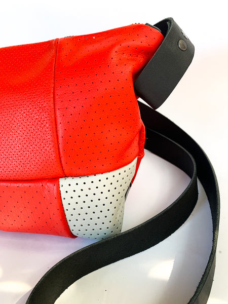 Perforated Red Repurposed Leather Bucket Bag