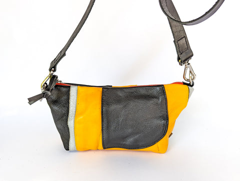 Yellow and Black Repurposed Leather Motorcycle Jacket Bag- Medium