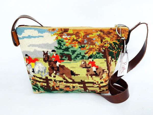 Vintage Autumn Hunt Tapestry Leather Handbag- Large