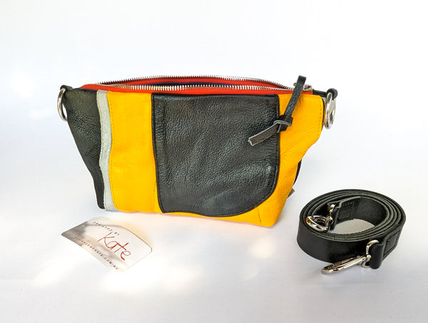 Yellow and Black Repurposed Leather Motorcycle Jacket Bag- Medium